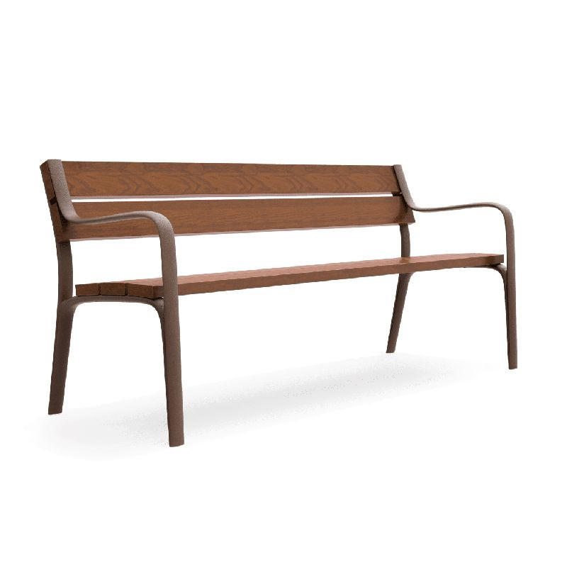 Banc public avec pieds en fonte et lattes en bois tropical