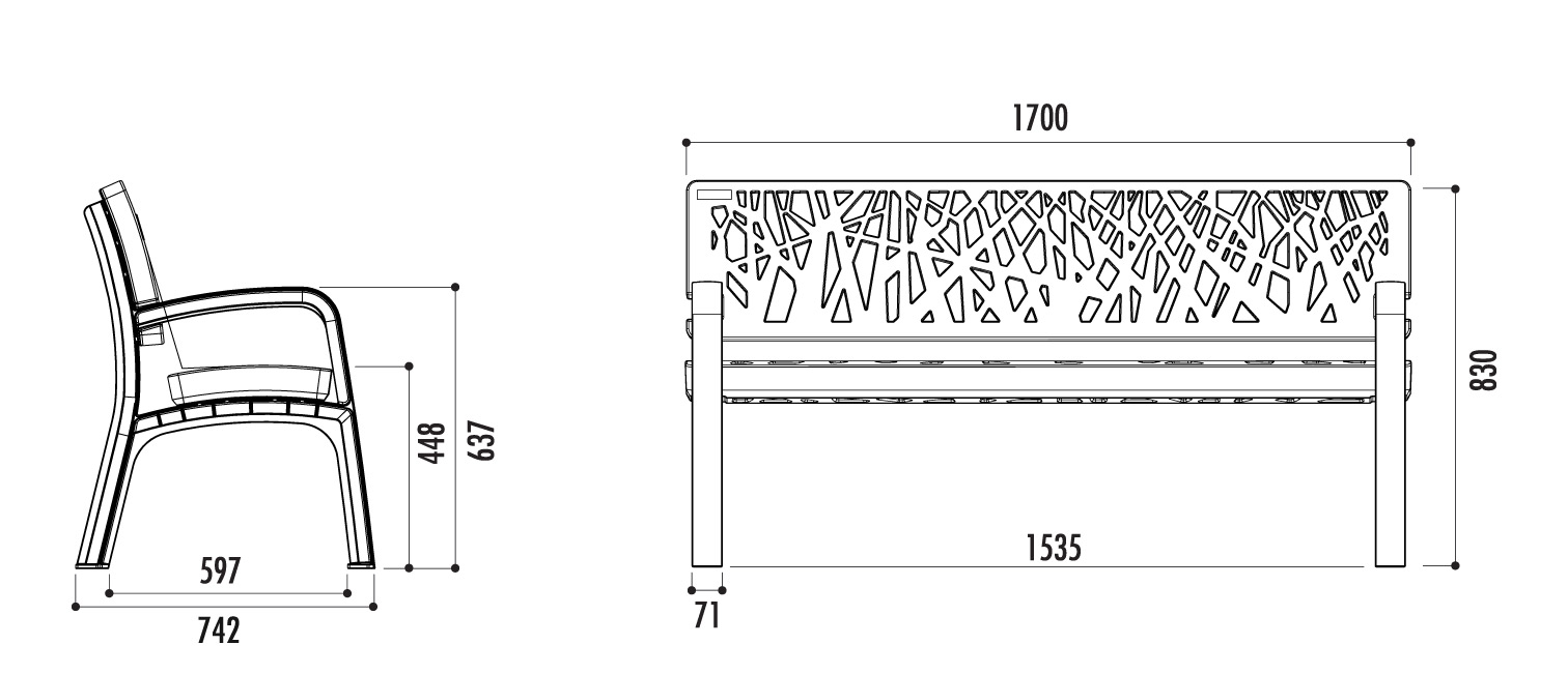 Dimensions banc Maverick en plastique recyclé