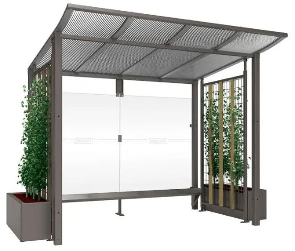 Abri vélos Modulo Procity avec bardage de fond en verre et claustras grillagés pour plantes grimpantes