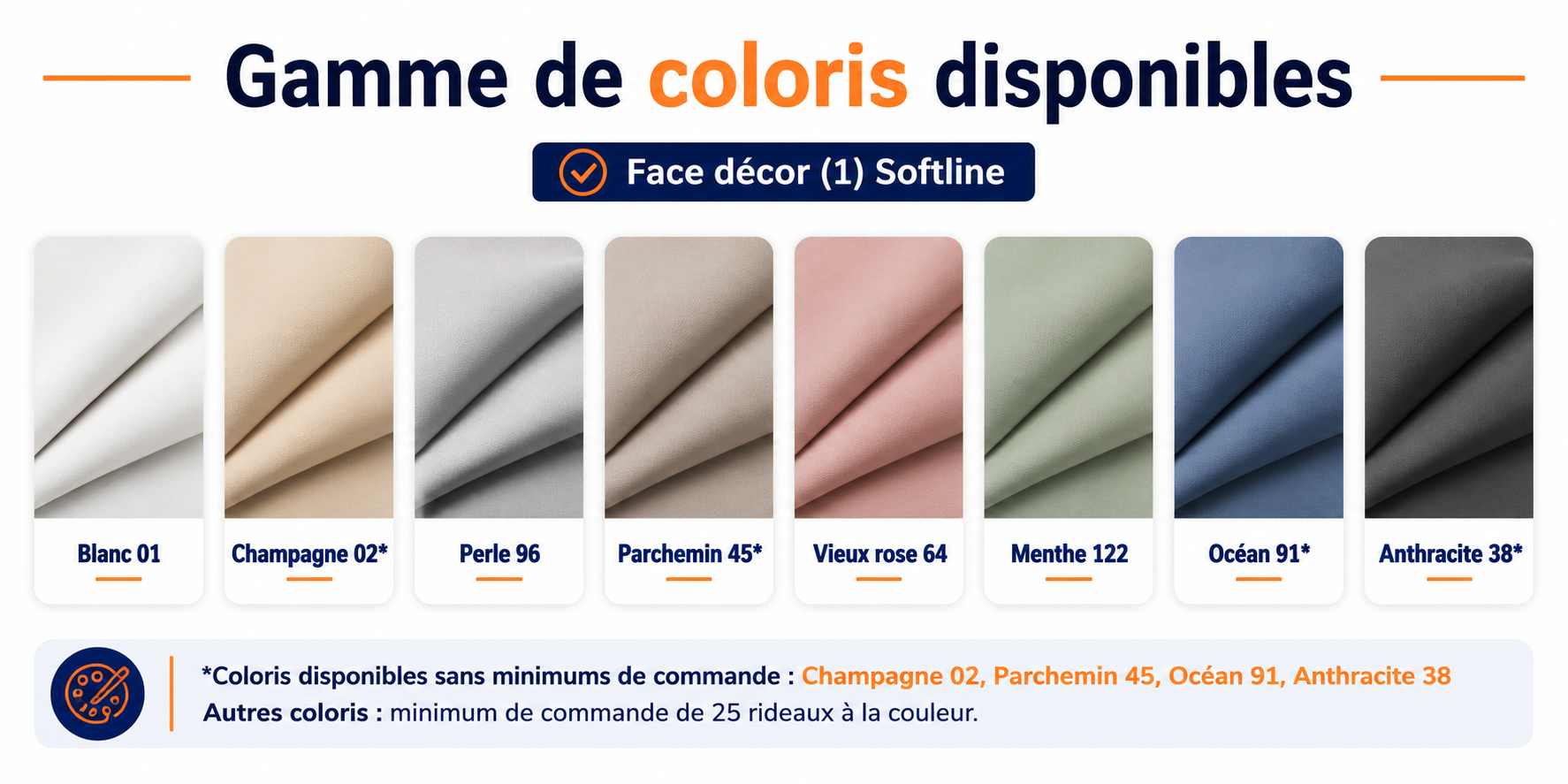 Gamme de coloris disponibles pour rideaux thermiques ERP : blanc, champagne, perle, parchemin, vieux rose, menthe, océan et anthracite