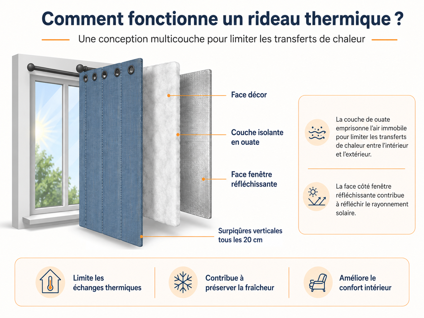 Schéma de fonctionnement d’un rideau thermique multicouche avec ouate isolante