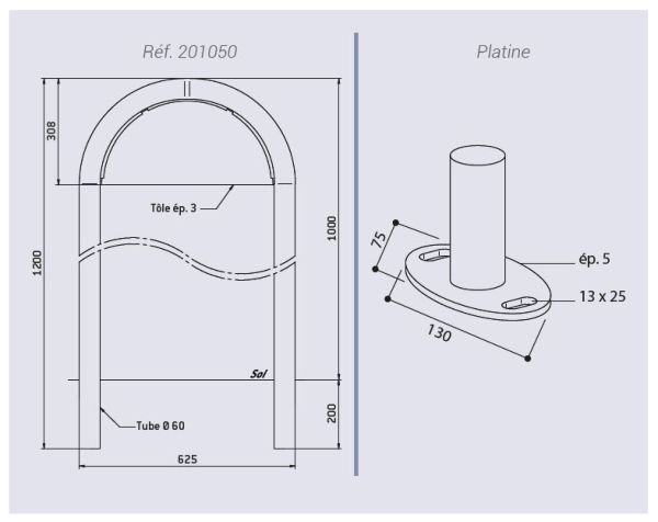 Dimensions Appui vélos trombone en U D.6 cm Dimensions Appui vélos trombone en U D.6 cm