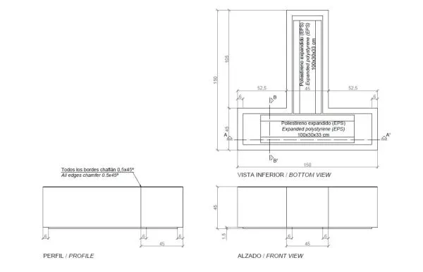 Schéma banc forme T béton Magourban Tétris