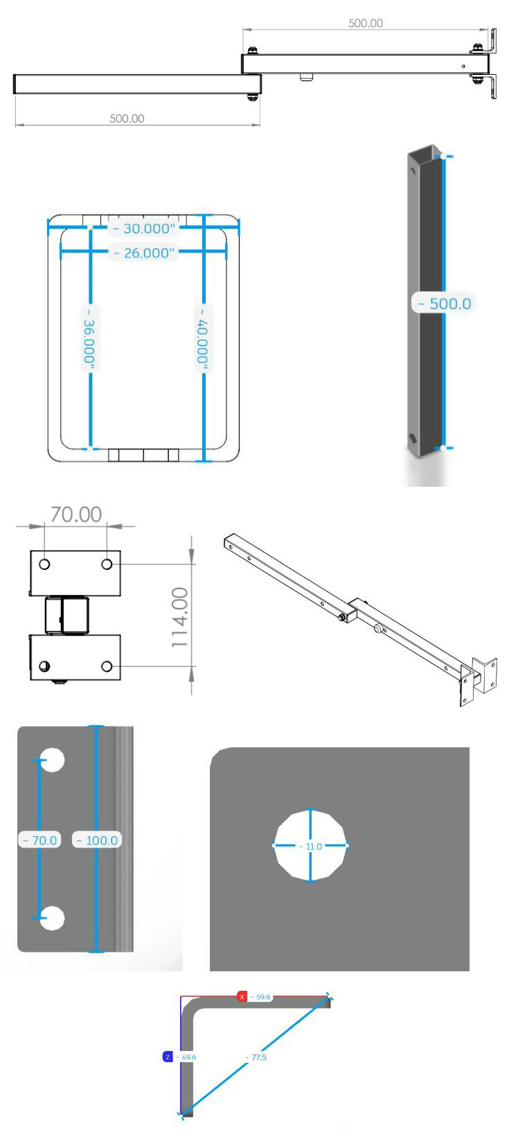 Dimensions projecteur de quai avec bras articulé simple
