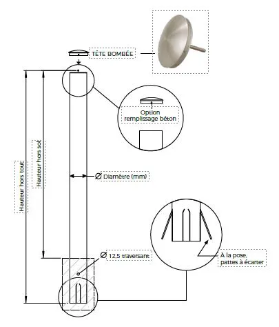 plan de montage potelet de ville tête bombée inox Deauville