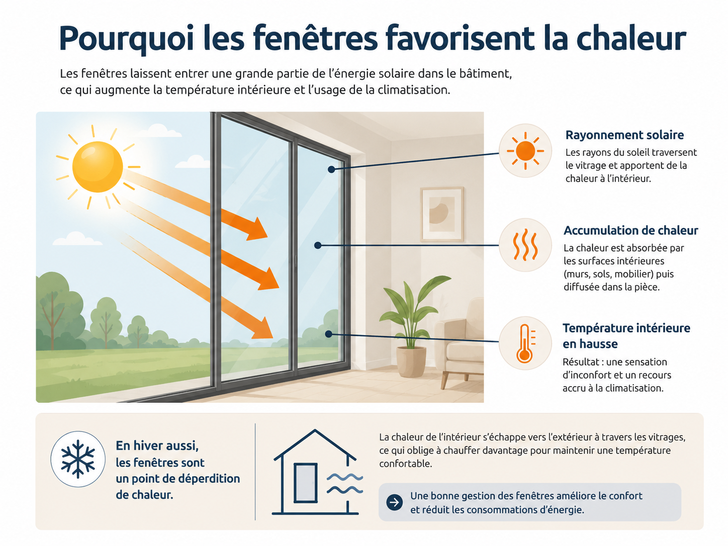 Schéma expliquant pourquoi les fenêtres favorisent la chaleur dans un bâtiment
