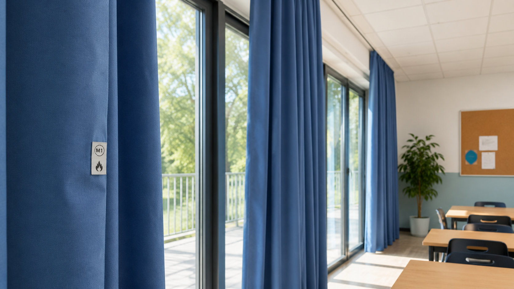 Salle de classe équipée de rideaux thermiques avec repère non-feu M1