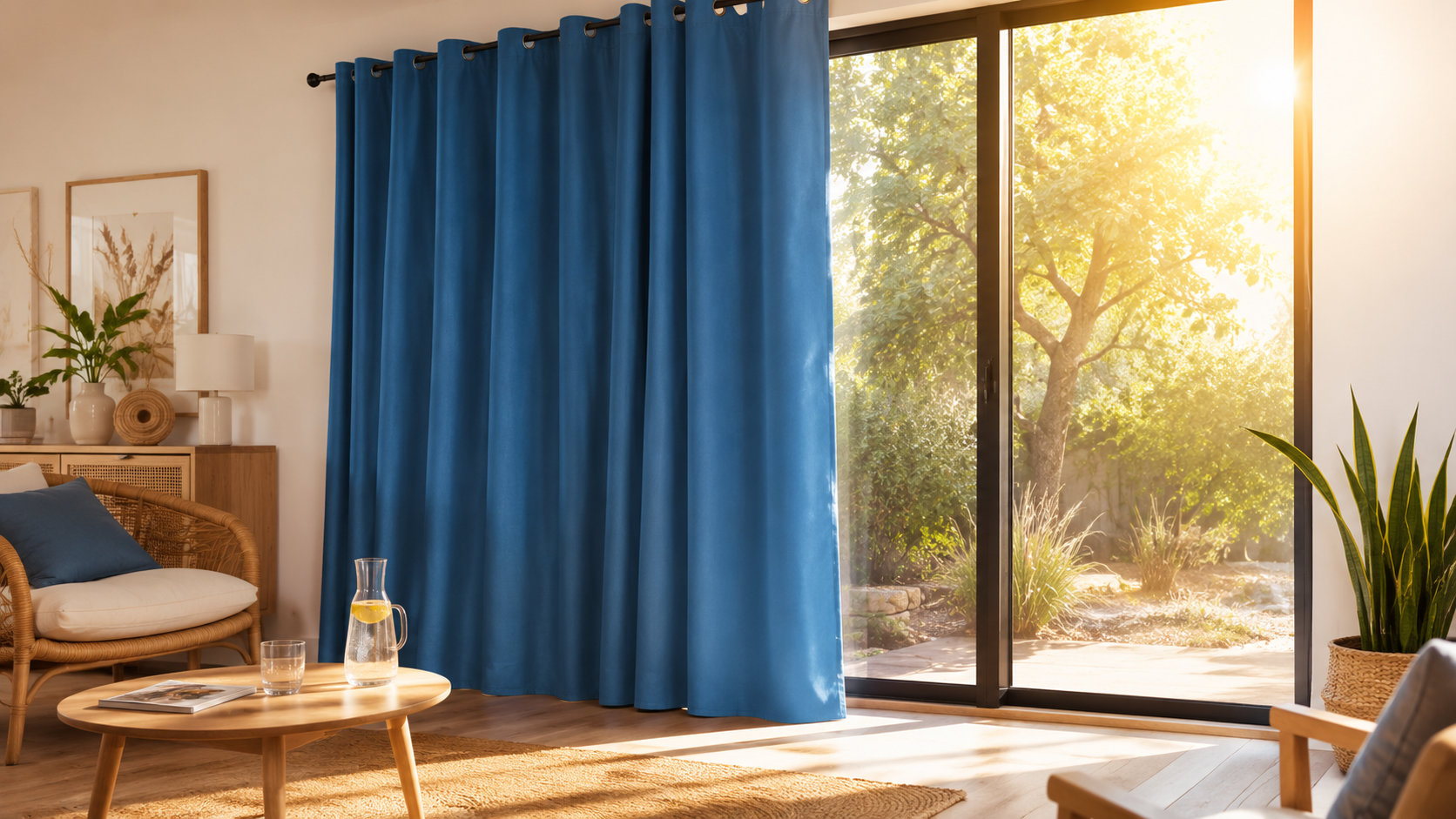 Fenêtre exposée au soleil équipée de rideaux thermiques bleus