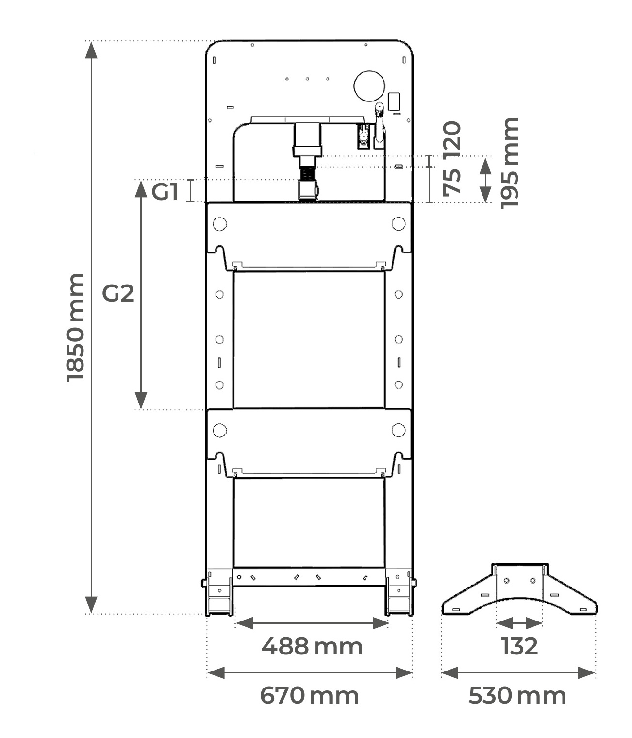 Dimensions de la presse d’atelier hydropneumatique Schéma des dimensions de la presse hydropneumatique 30 et 50 tonnes