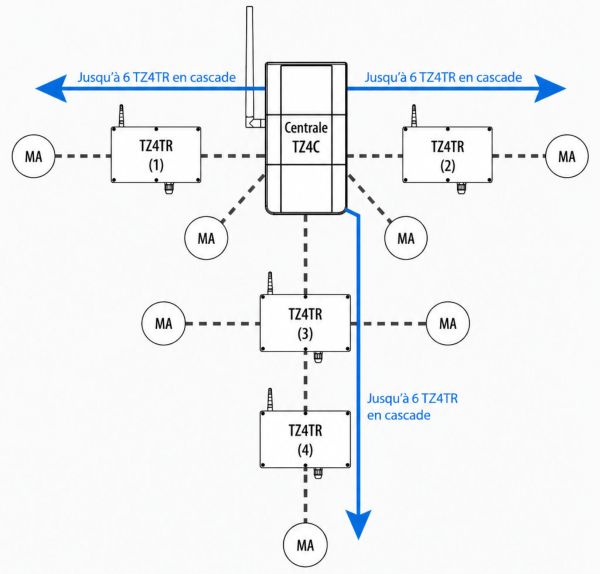 Schéma d'installation des transpondeurs TZ4TR en étoile ou en cascade autour de la centrale TZ4C