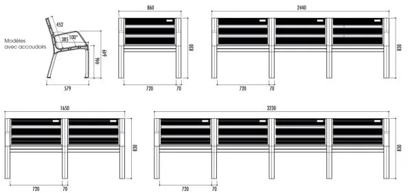 vue ensemble banc plastique modo avec accoudoirs