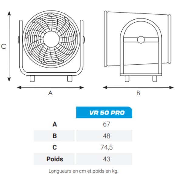 Dimensions du ventilateur extracteur VR 50 PRO vue ensemble du ventilateur extracteur VR 50 PRO