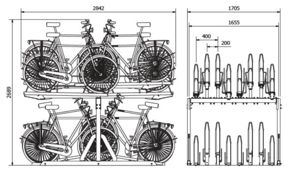 schéma du rangement vélo moduleo 16 places double sens 