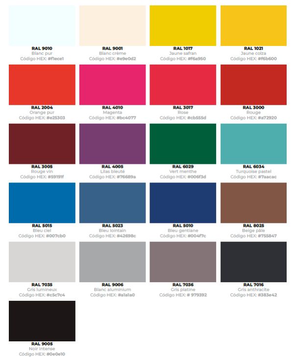 Palette de couleurs disponibles des attaches pour supermarches vue ensemble nuancier couleur disponible pour attache supermachés