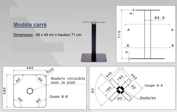 Vue générale du pied de table modèle carré
