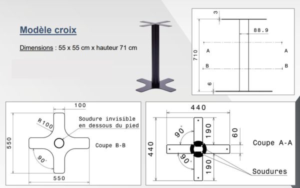 Vue générale du pied de table modèle croix