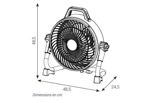 Dimensions du brasseur d'air S.PLUS VOB 30 sur batterie vue ensemble du ventilateur sur batterie VOB 30
