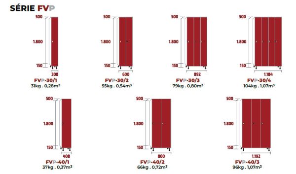 Vue d'ensemble des modeles de vestiaires de la gamme FVP Dimensions des modeles de la gamme FVP